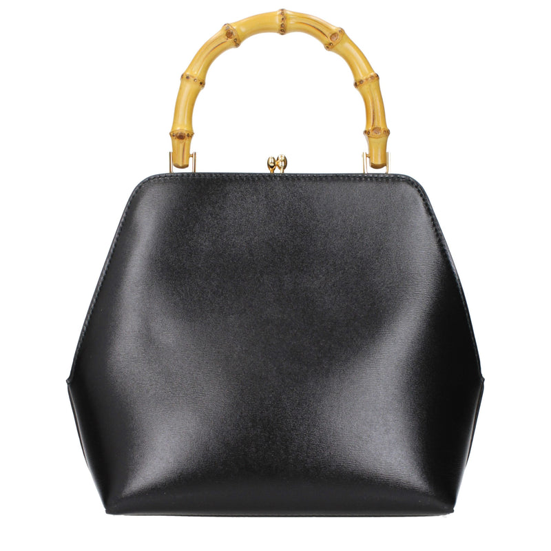 Structured black leather handbag with a curved bamboo handle and gold kiss-lock closure