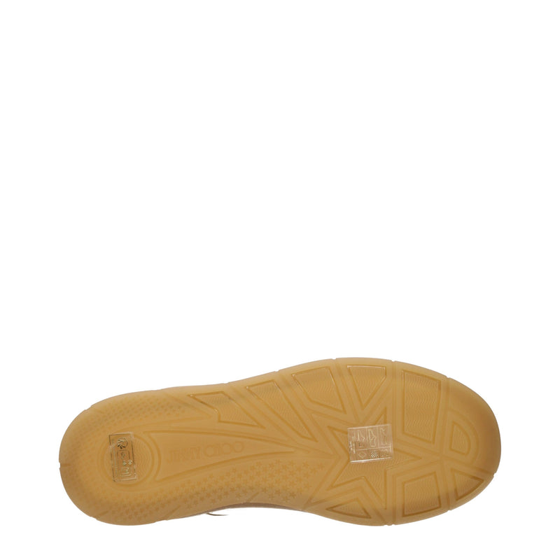 Bottom view of Jimmy Choo beige leather low top sneaker showing the gum sole with geometric tread and embossed brand name
