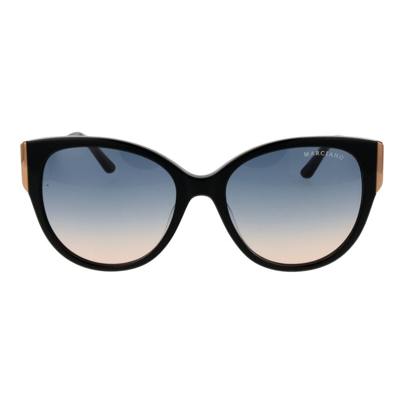 Black cat-eye acetate sunglasses with blue-to-pink gradient lenses and gold temple accents