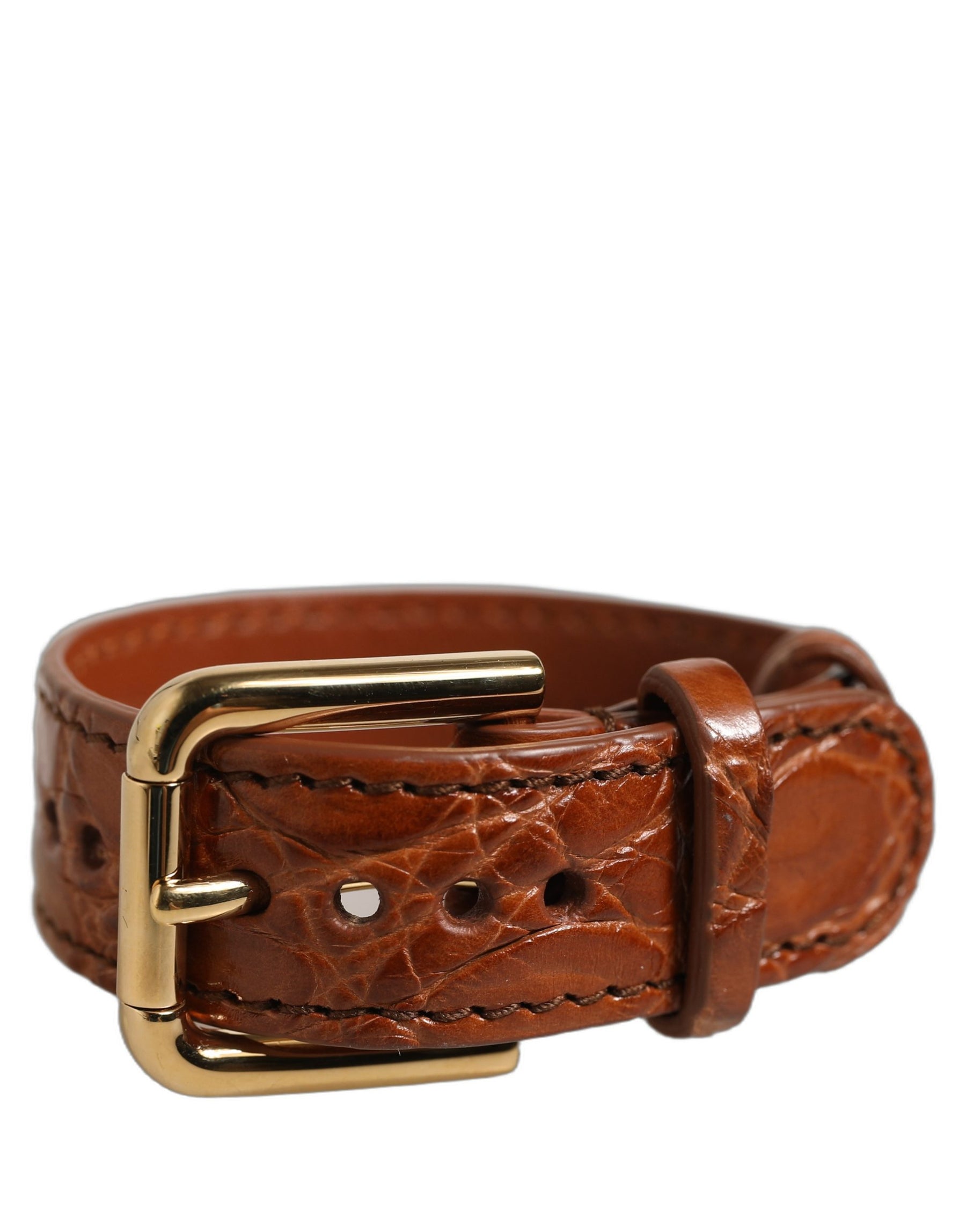 Dolce & Gabbana Brown Textured Leather Gold Buckle Belt Strap Bracelet