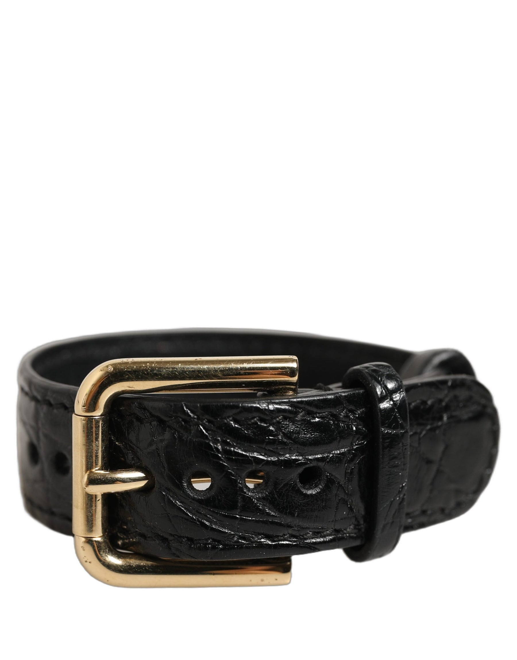 Dolce & Gabbana Black Textured Leather Gold Buckle Belt Strap Bracelet