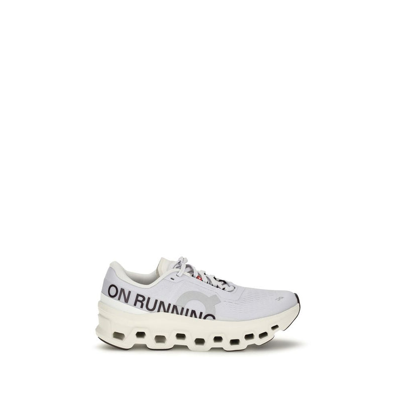 Light purple recycled polyester athletic sneaker with a thick white cushioned sole and bold black branding
