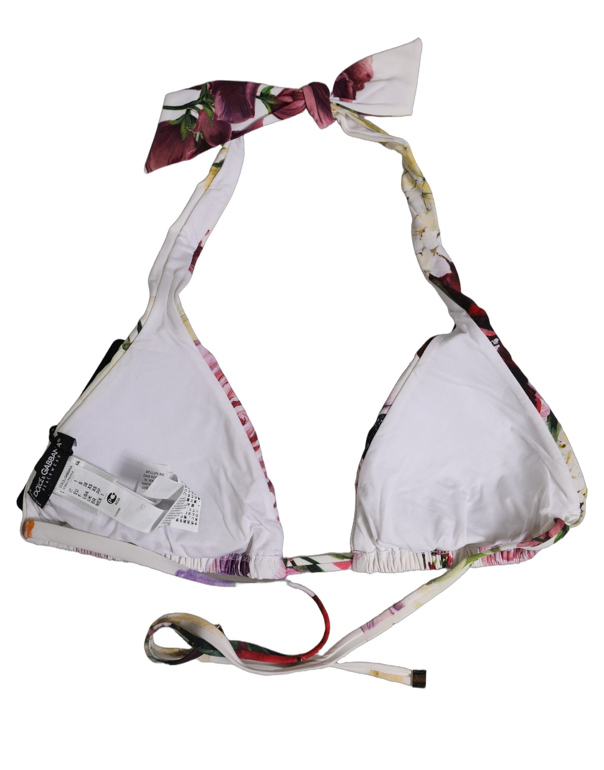 Dolce & Gabbana white floral print triangle bikini top, back view showing tags and neck tie.