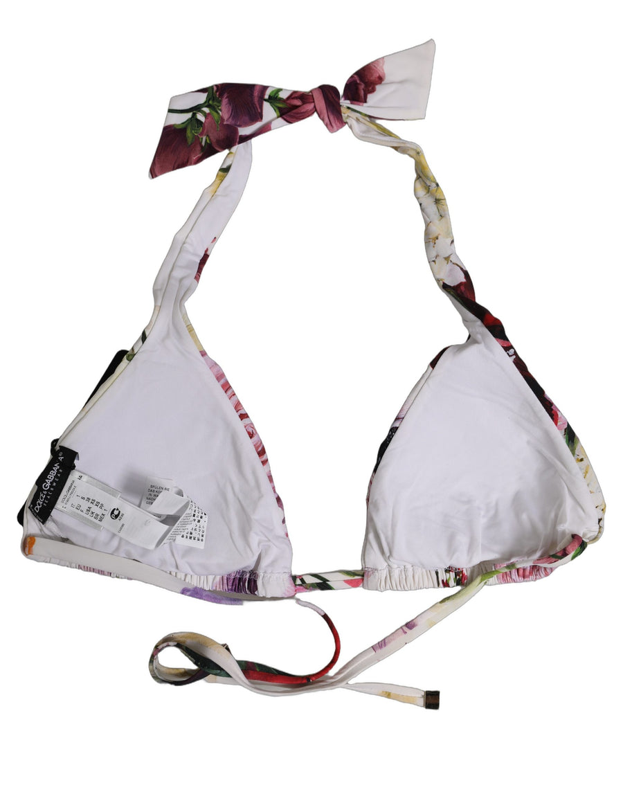 Dolce & Gabbana White Floral Print Triangle Beachwear Bikini Top