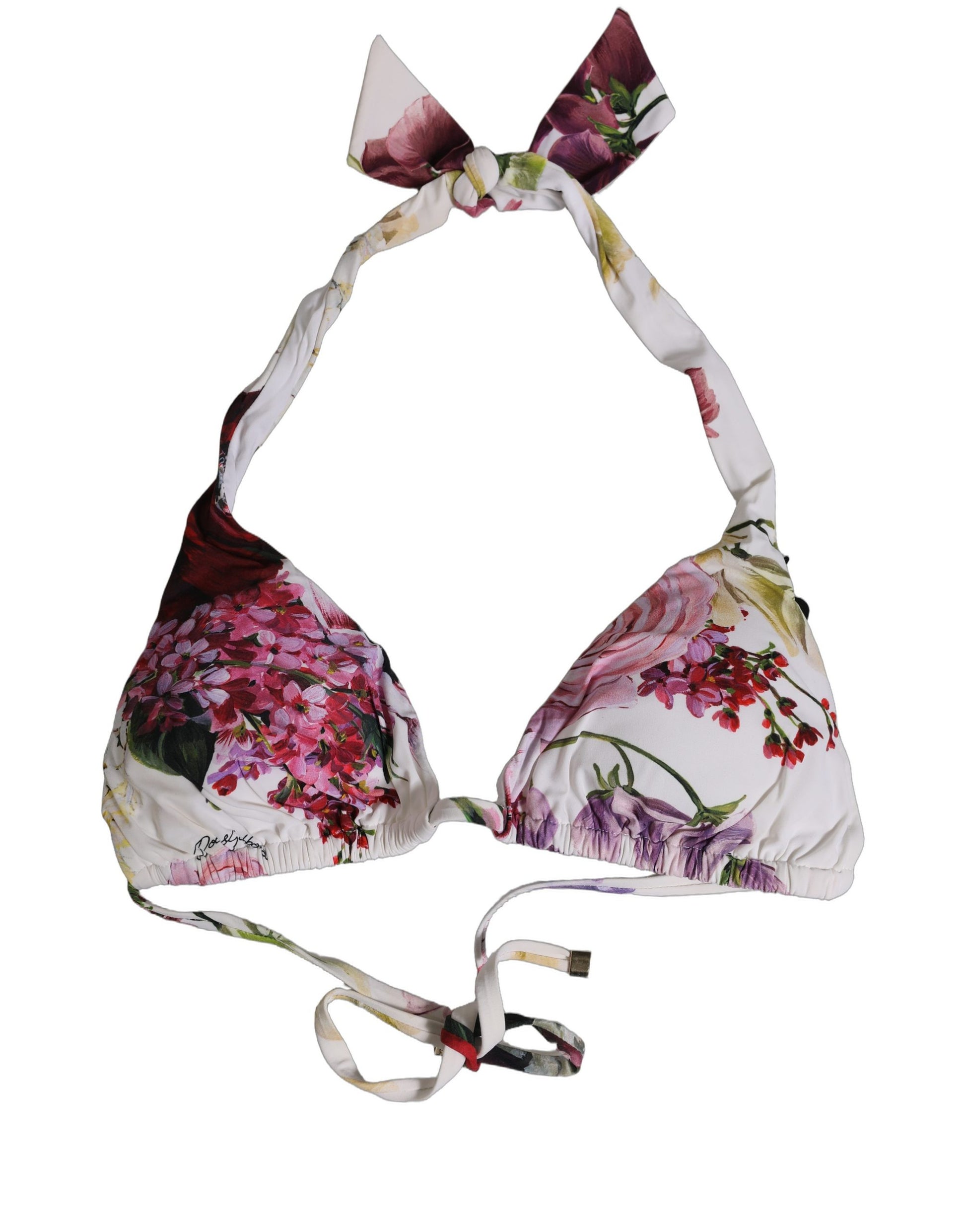 White floral print triangle bikini top with halter neck ties and a tie closure.