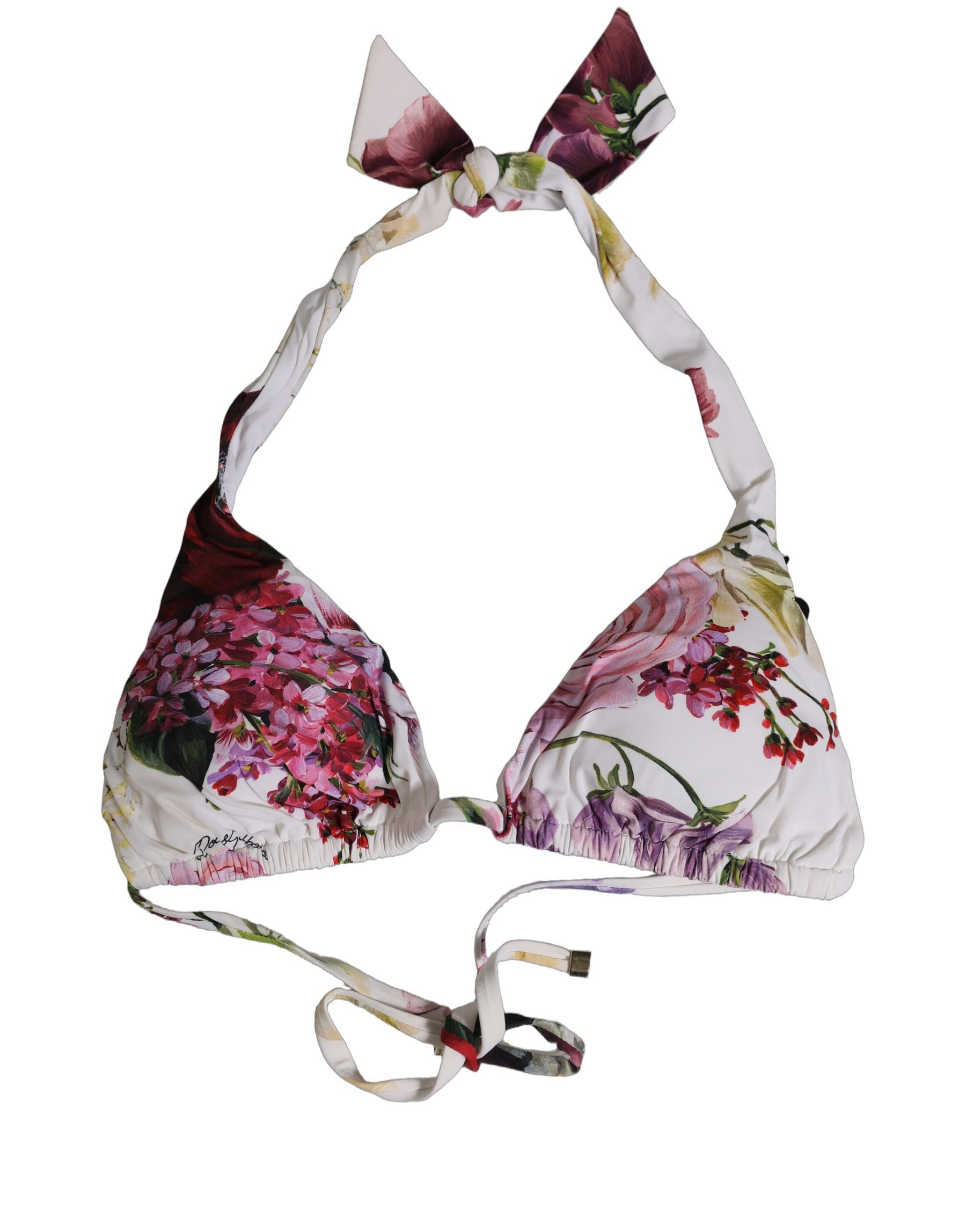 Dolce & Gabbana white floral print triangle bikini top with halter neck ties and back tie closure.