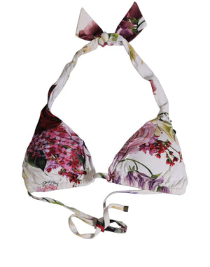 Dolce & Gabbana white floral print triangle bikini top with halter neck ties and back tie closure.
