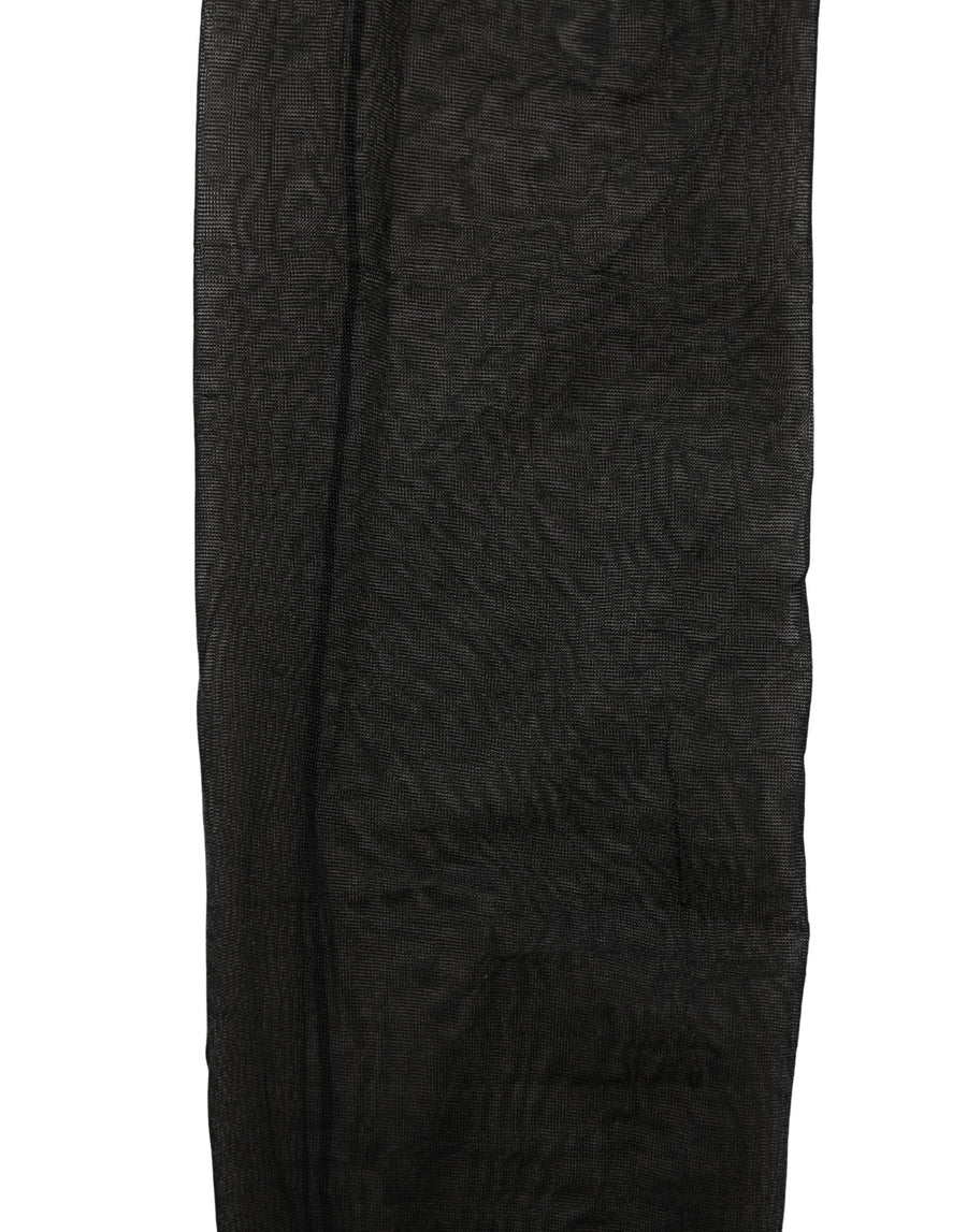 Sheer black nylon pantyhose with a wide elastic waistband and reinforced seams