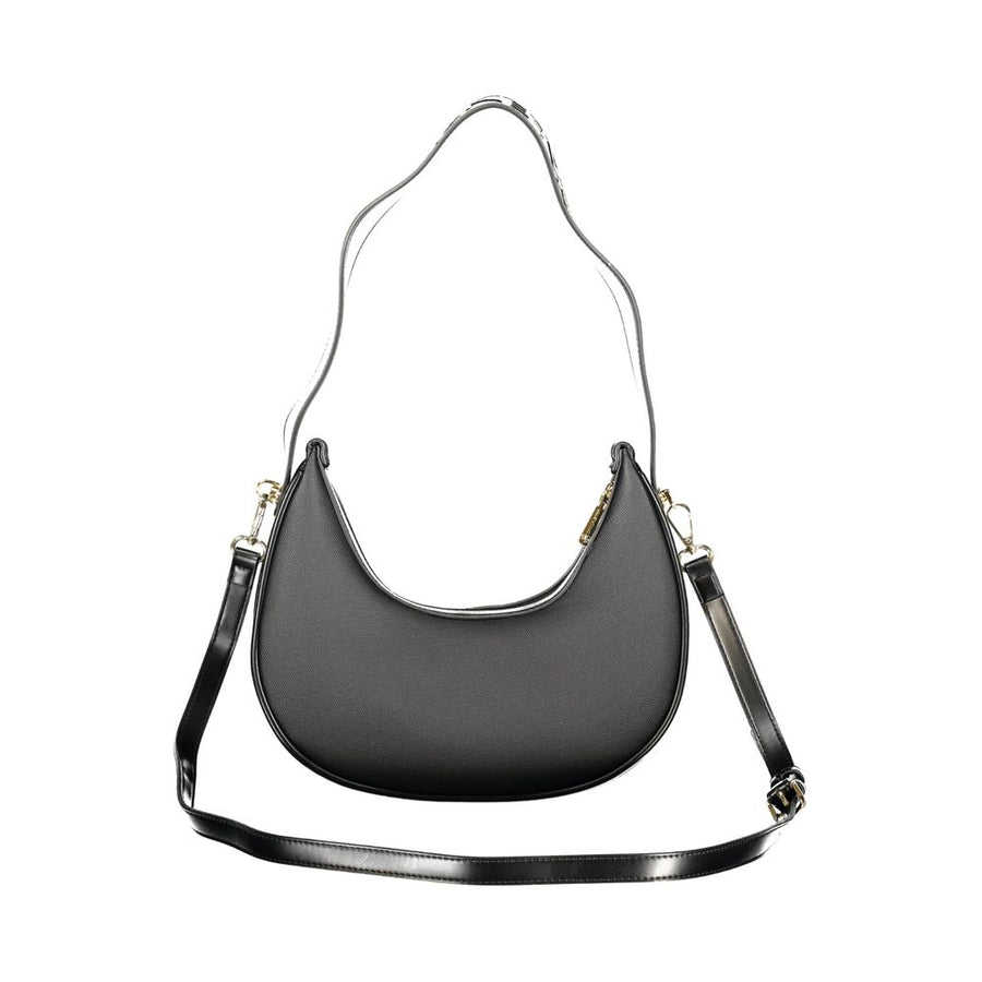 Black polyurethane Valentino crescent shoulder bag with a shoulder strap and embossed logo