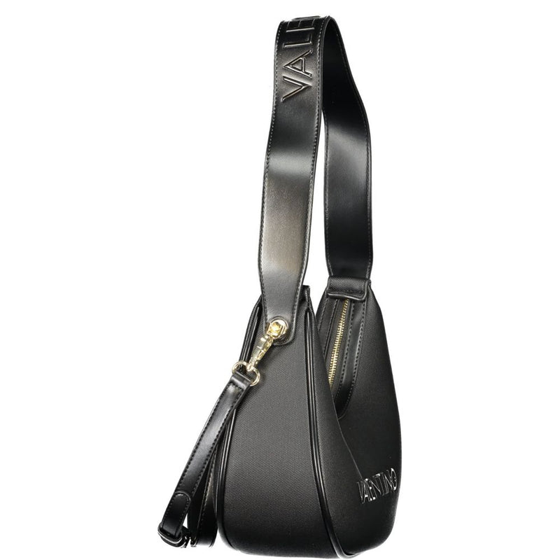 Black polyurethane shoulder bag with branded strap