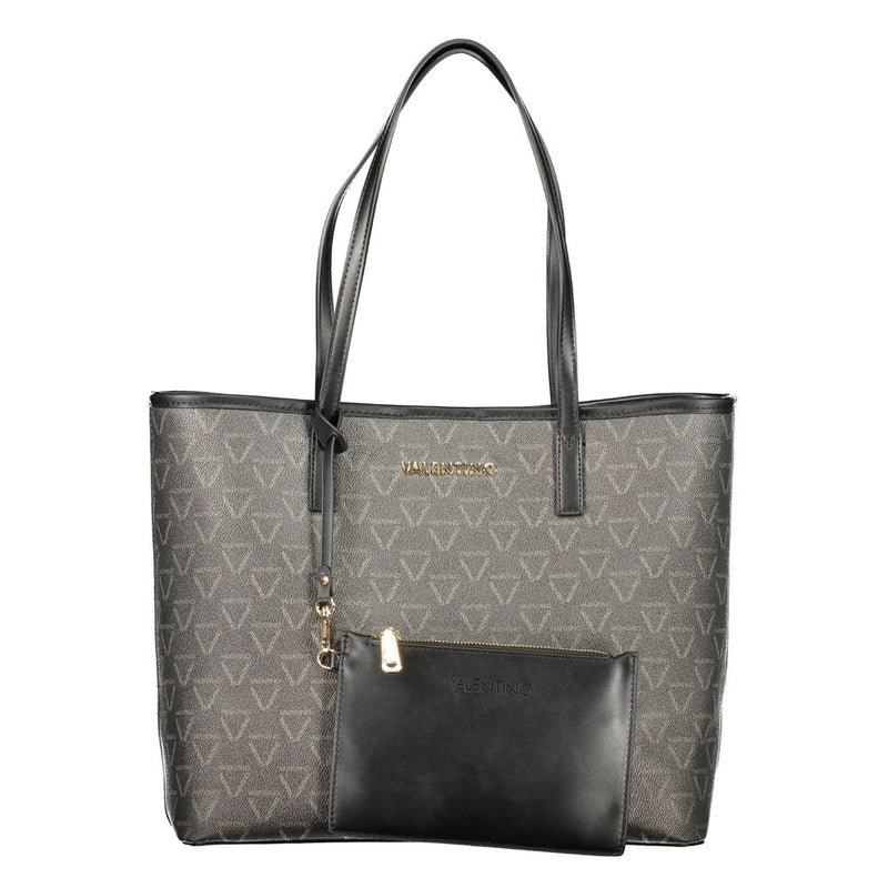 Black polyurethane Mario Valentino tote bag with monogram pattern and detachable pouch