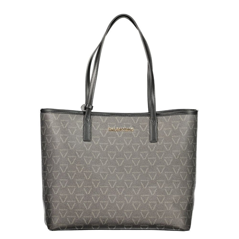 Black polyurethane tote bag with repeated V logo pattern and twin shoulder straps