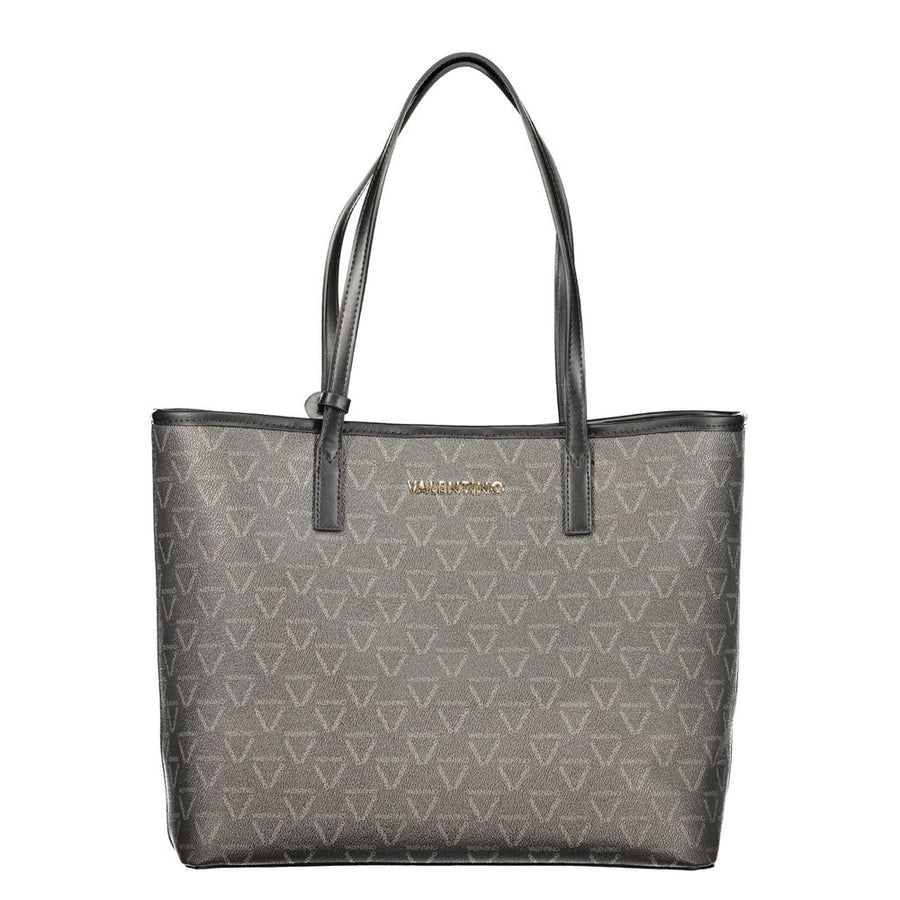 Black polyurethane Mario Valentino tote bag with monogram pattern and detachable pouch