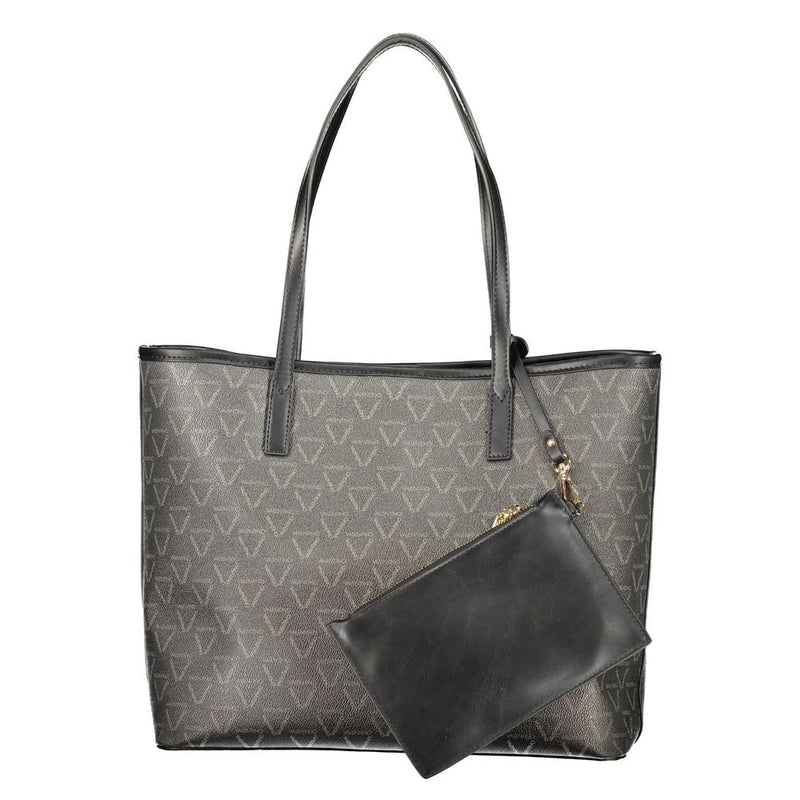 Black polyurethane tote bag with double shoulder straps and small attached pouch featuring a geometric monogram pattern