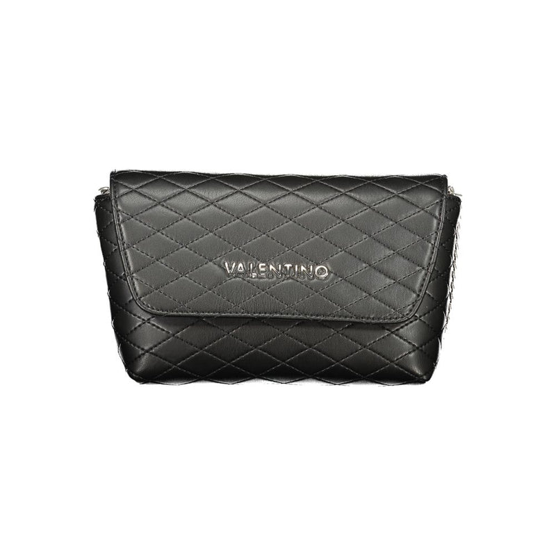 Black quilted polyurethane crossbody bag with silver Valentino logo on the front flap