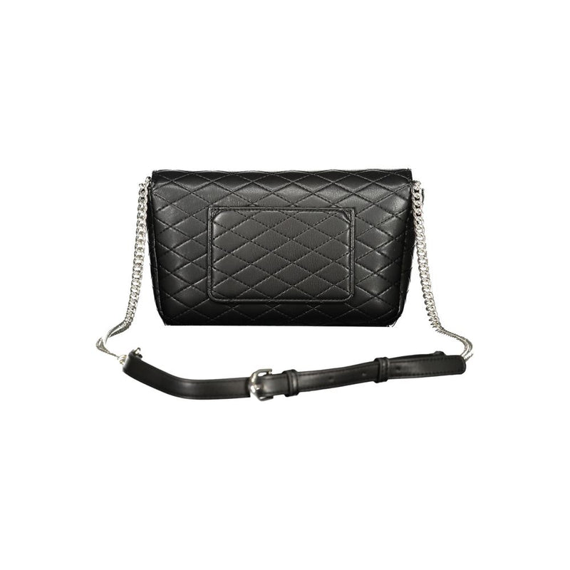 Black quilted polyurethane women's shoulder bag with silver chain strap