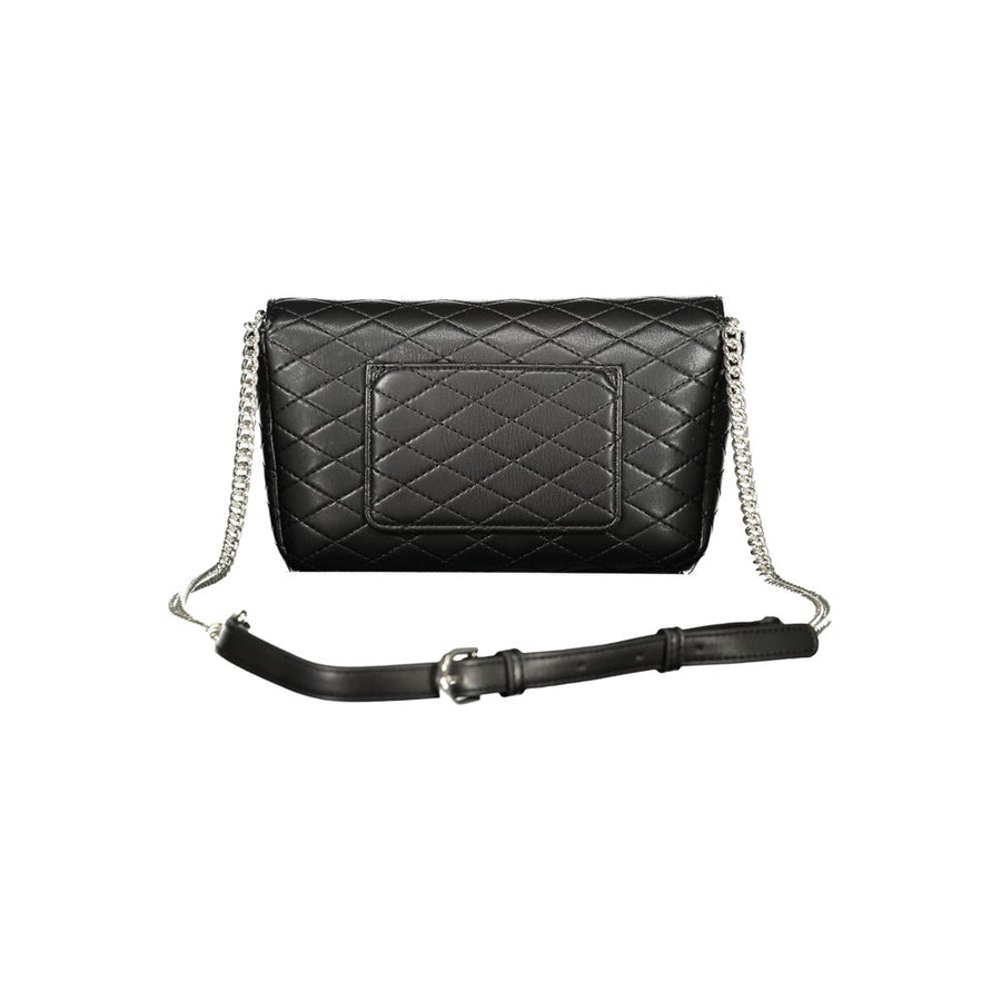 Black quilted polyurethane crossbody bag with silver Valentino logo on the front flap