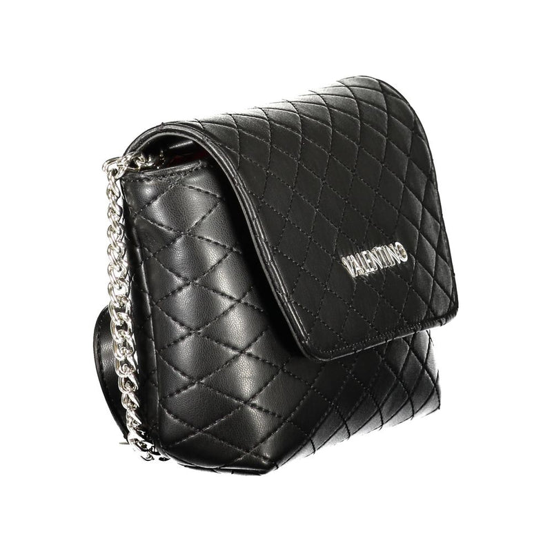 Black quilted polyurethane women's crossbody bag with silver chain strap