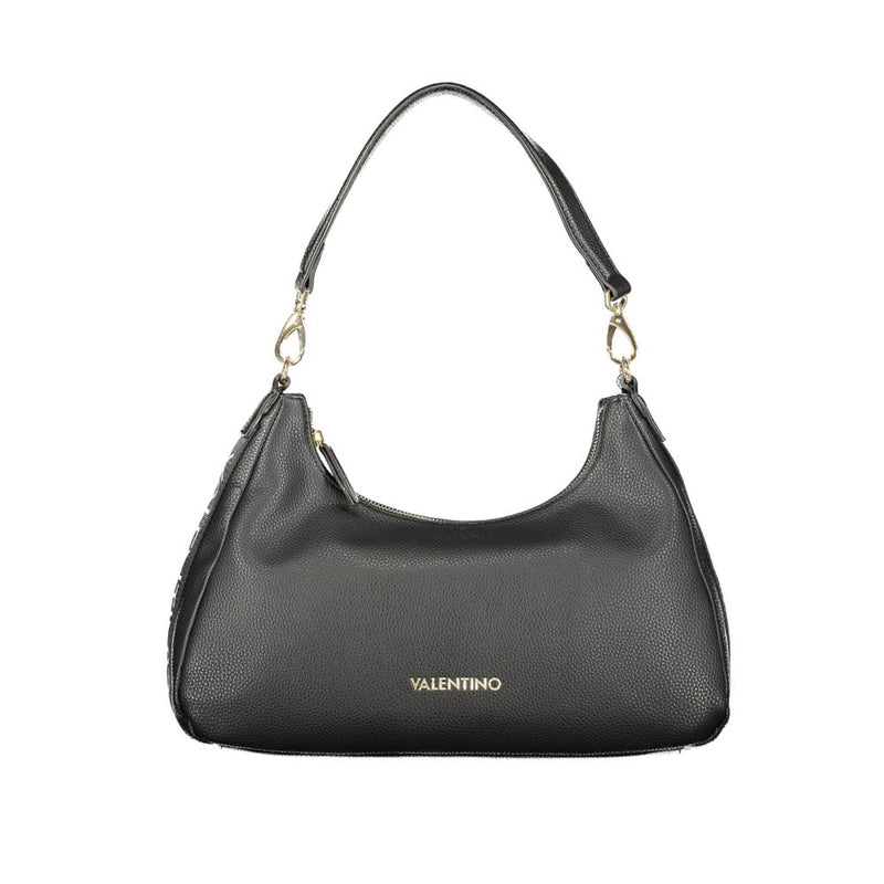 Black polyurethane shoulder bag with gold hardware and Valentino logo