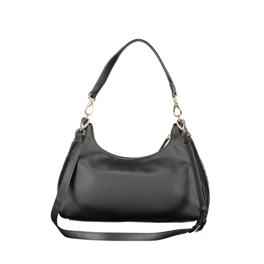 Black polyurethane shoulder bag with gold hardware and Valentino logo