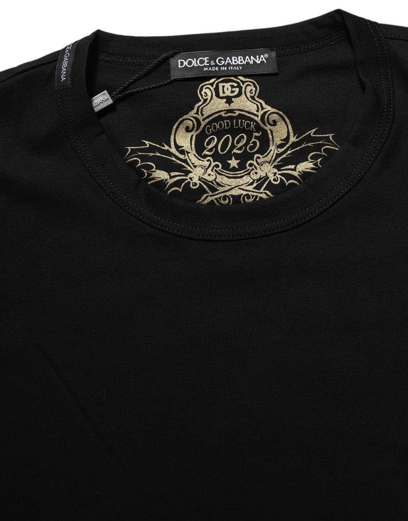 Black cotton crew neck t-shirt with gold graphic print and brand label