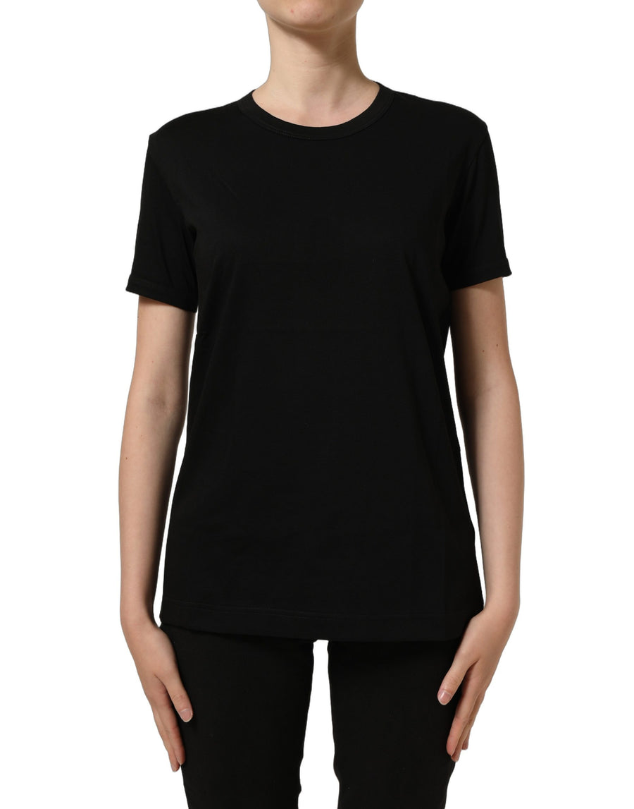 Black cotton crew neck t-shirt with gold graphic print and brand label