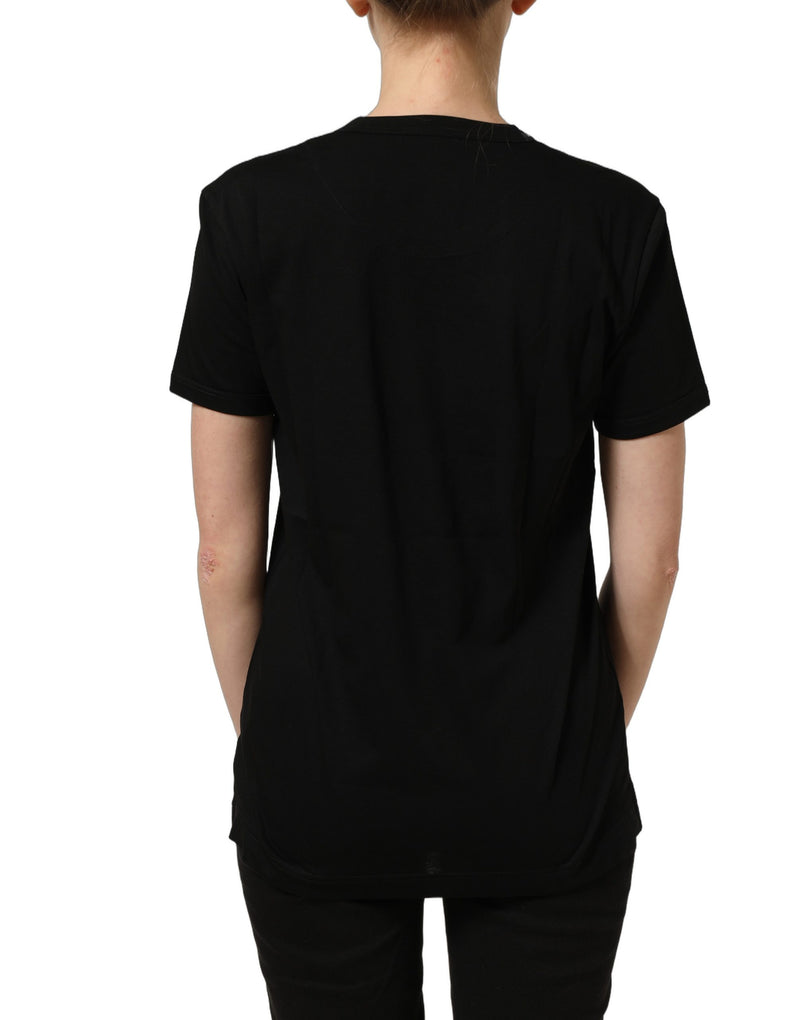 Black cotton crew neck short sleeves t-shirt viewed from behind