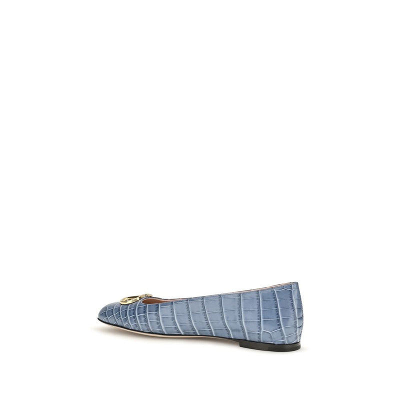 Blue crocodile embossed leather ballet flats with a gold detail