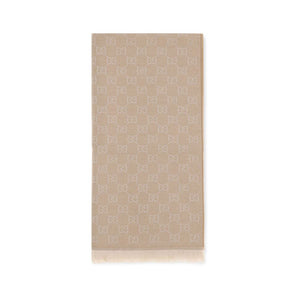 Gucci beige wool scarf with allover GG monogram pattern and fringed hem.