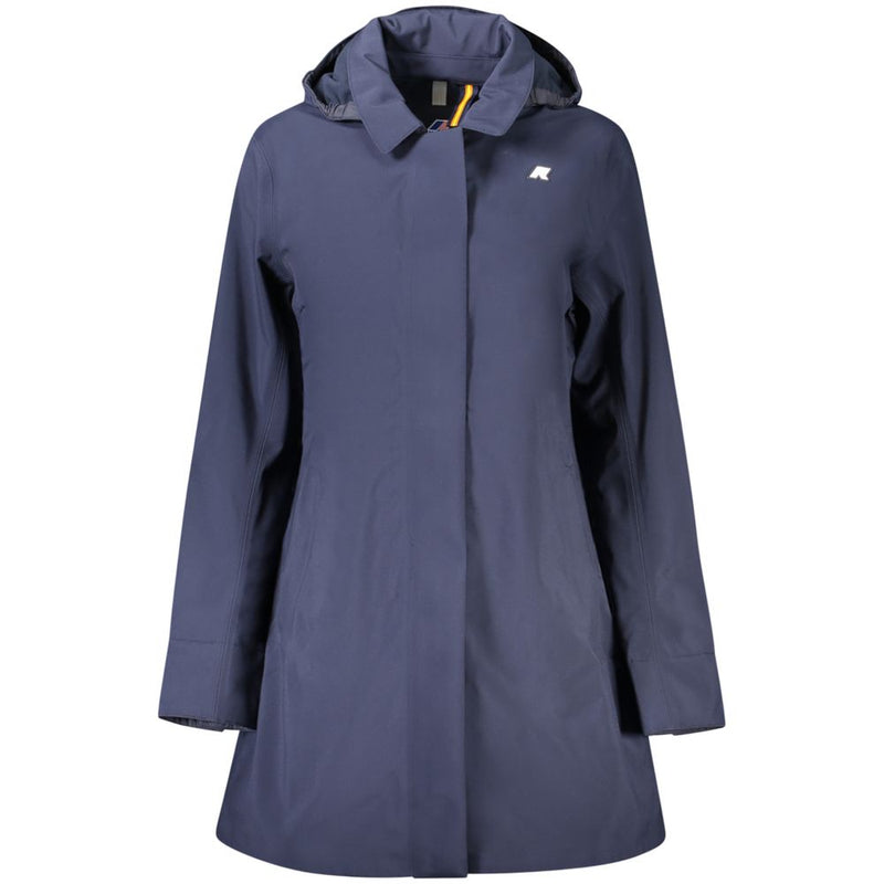 Navy blue polyester women's hooded jacket with a front zipper and snap placket
