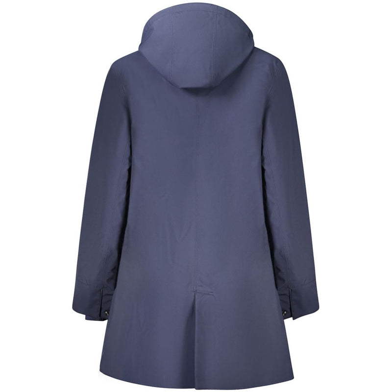 Blue polyester hooded women's jacket shown from the back