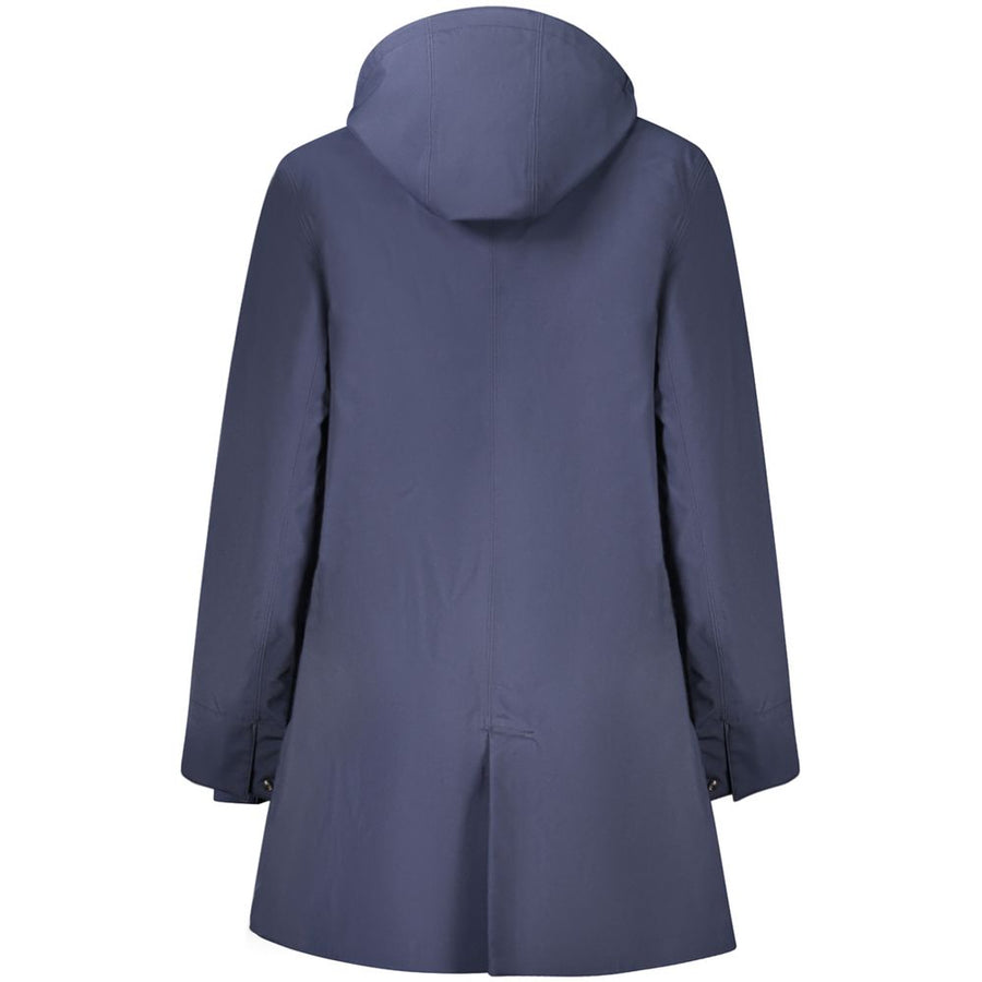 Navy blue polyester women's hooded jacket with a front zipper and snap placket
