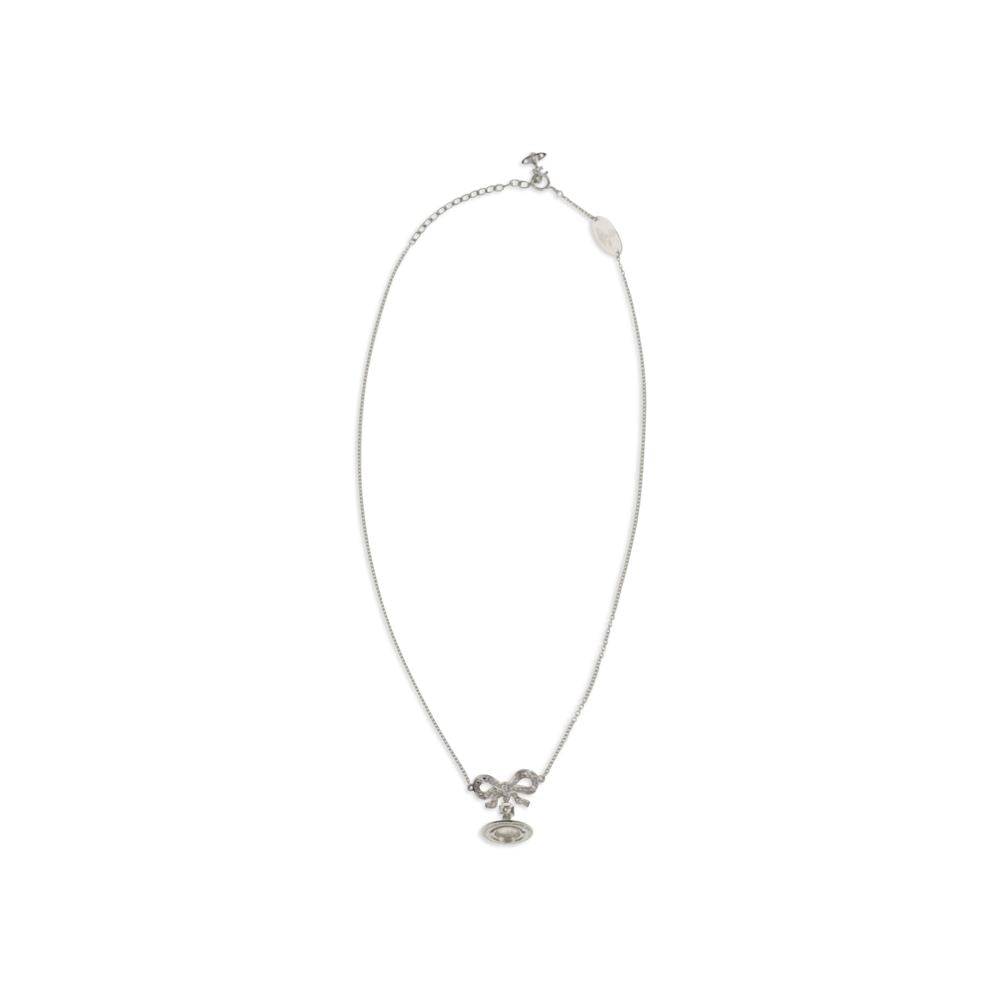 Vivienne Westwood silver-tone metal necklace featuring a crystal-embellished bow and orb pendant on a delicate chain.