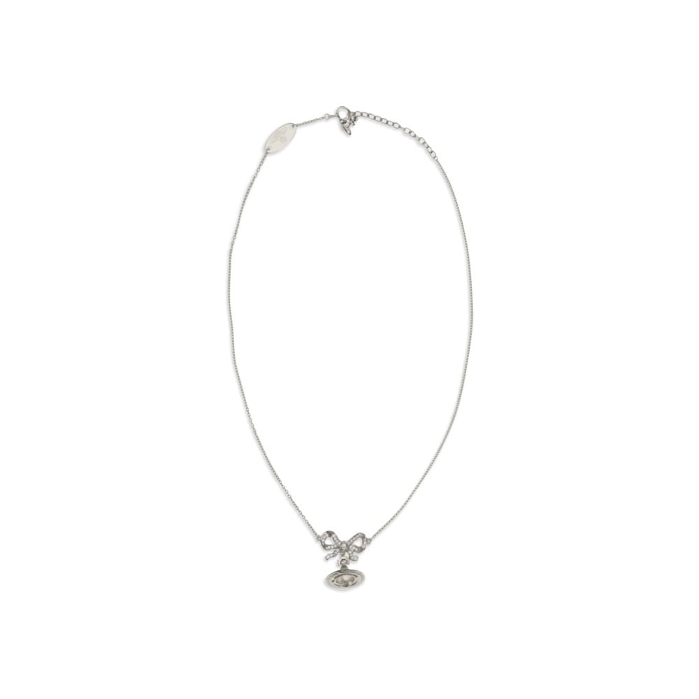Vivienne Westwood silver chain necklace with a crystal-embellished bow and orb pendant.