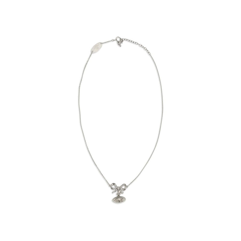 Vivienne Westwood silver chain necklace with a crystal-embellished bow and orb pendant.