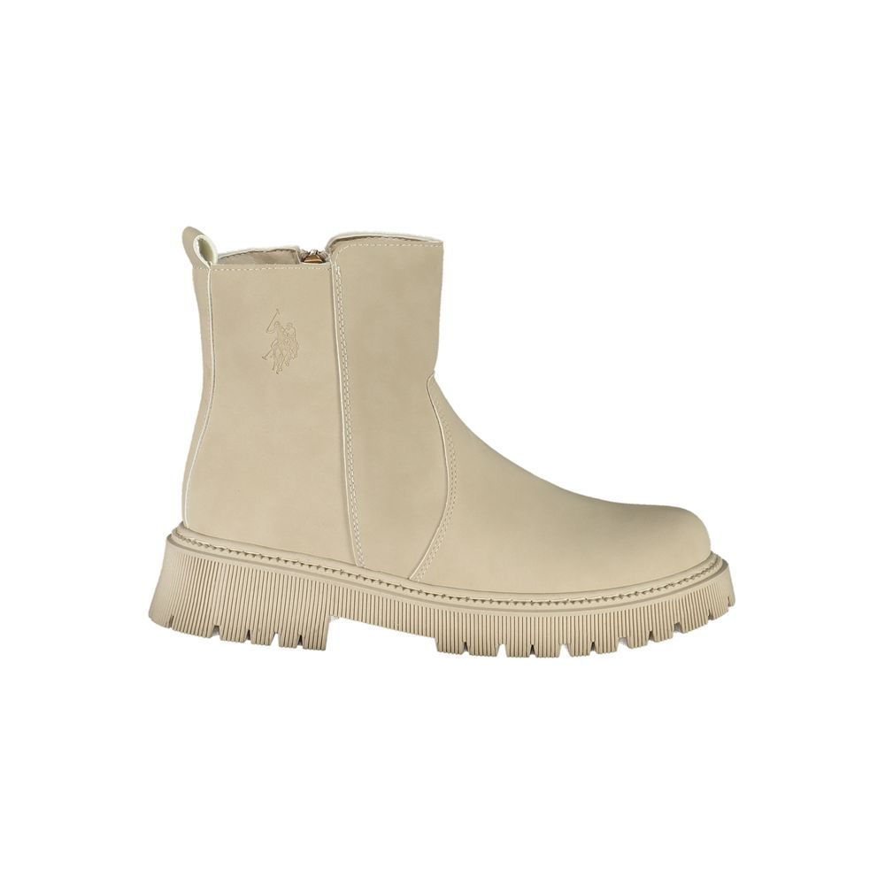 U.S. POLO ASSN. beige polyethylene ankle boot with thick lug sole, side zipper, and embossed logo.