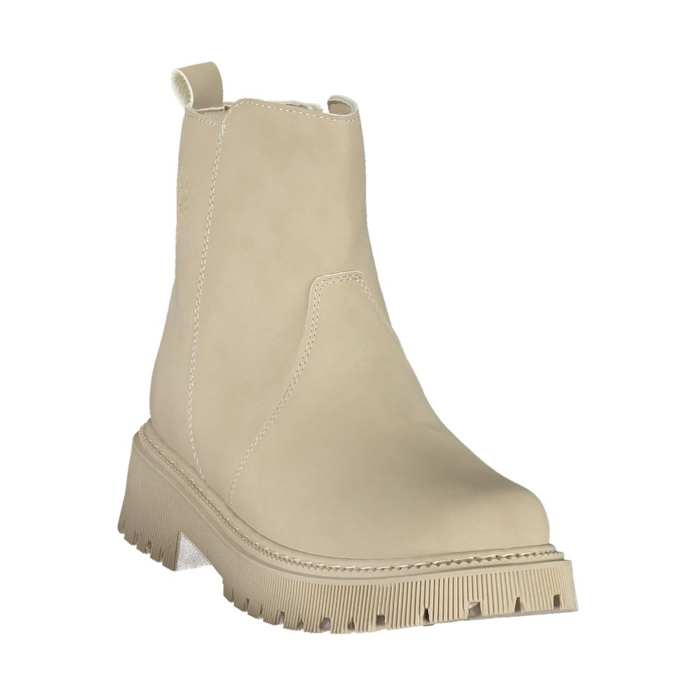 U.S. Polo Assn. beige polyethylene ankle boot with a chunky lug sole and topstitching.