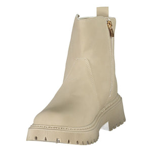 U.S. POLO ASSN. beige polyethylene ankle boot with side zipper, pull tab, and chunky lug sole.