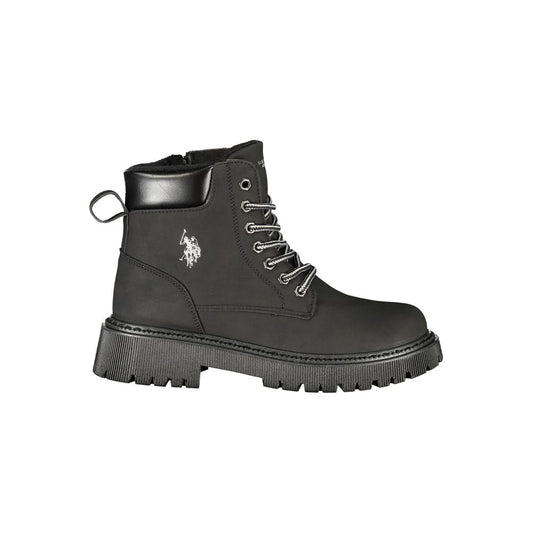 U.S. POLO ASSN. black polyester ankle boot with lug sole, striped laces, and silver embroidered logo.