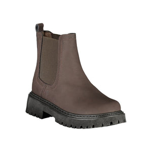 U.S. POLO ASSN. brown polyethylene ankle boot with elastic side gore, heel pull tab, and black lug sole.