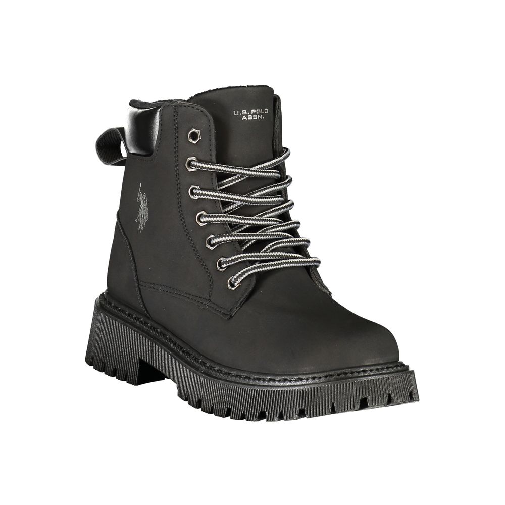 U.S. POLO ASSN. black polyester ankle boot with lug sole and striped laces.