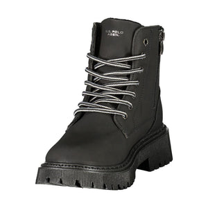 U.S. Polo Assn. black polyester ankle boot with chunky lug sole, black-and-white patterned laces, and side zip.