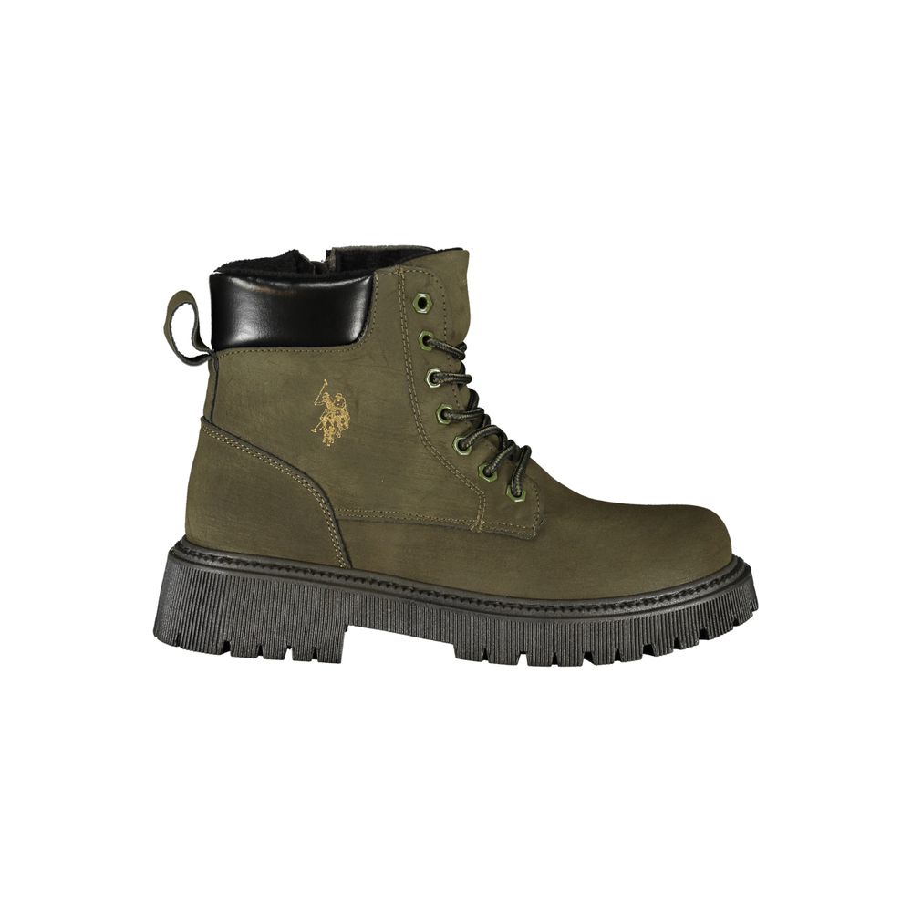 U.S. Polo Assn. green polyester ankle boot with black collar, laces, logo embroidery, and chunky treaded sole.