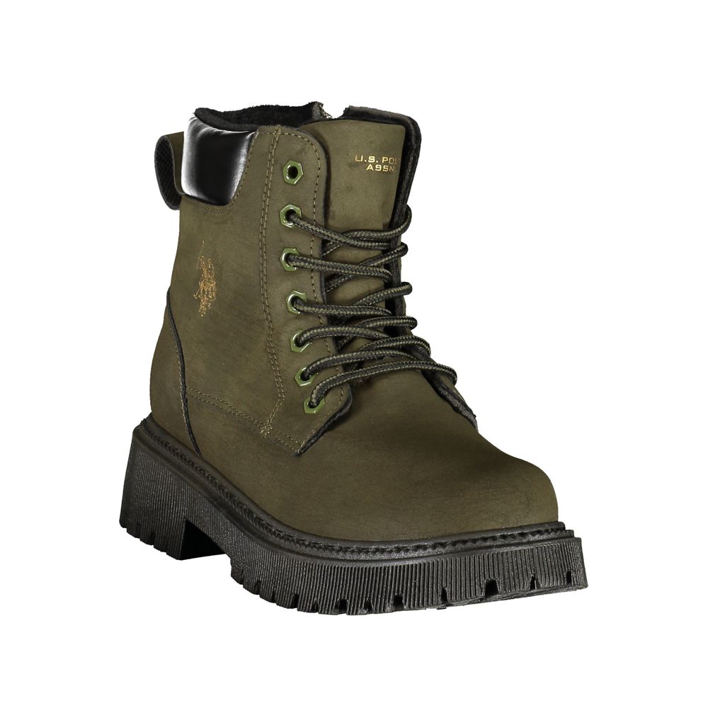 U.S. Polo Assn. green polyester ankle boot with black lug sole, lace-up front, and black collar.