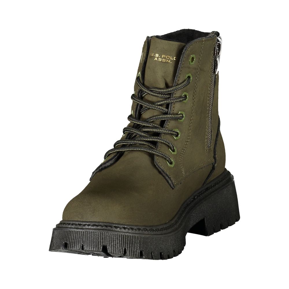 U.S. POLO ASSN. green polyester ankle boot with black laces, side zipper, and chunky lug sole.