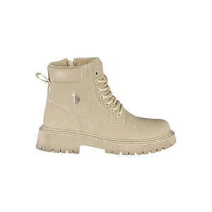 U.S. POLO ASSN. beige polyester ankle boot with lace-up front, lug sole, and silver logo.