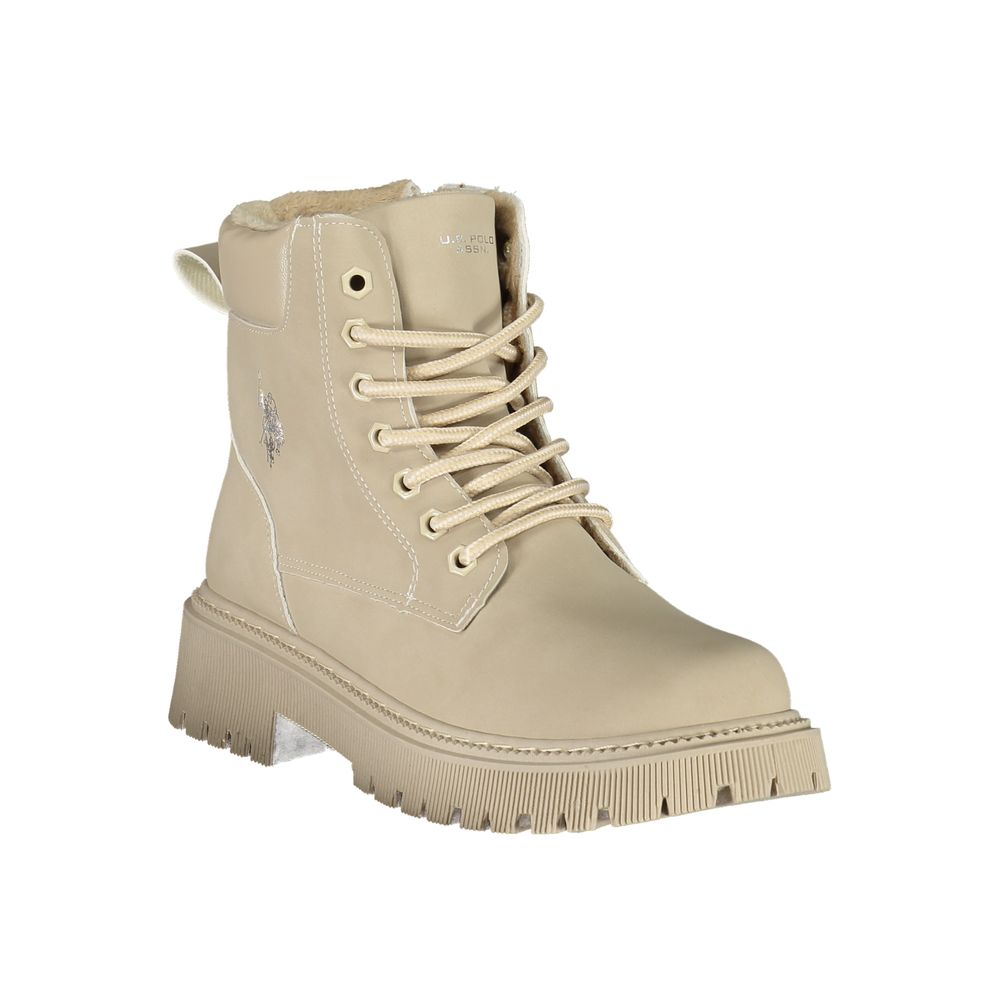 Beige polyester ankle boot with lace-up closure, shearling collar, ridged platform sole, and logo detail.