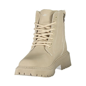 U.S. POLO ASSN. beige polyester ankle boot with front laces, side zipper, and chunky lug sole.