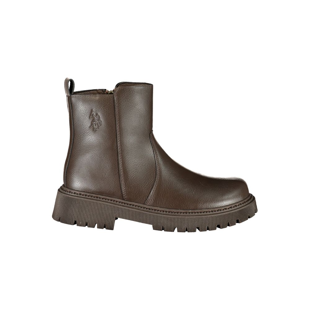 U.S. Polo Assn. brown polyethylene ankle boot with lug sole and embossed logo on the side.