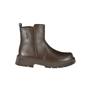 U.S. Polo Assn. brown polyethylene ankle boot with lug sole and embossed logo on the side.